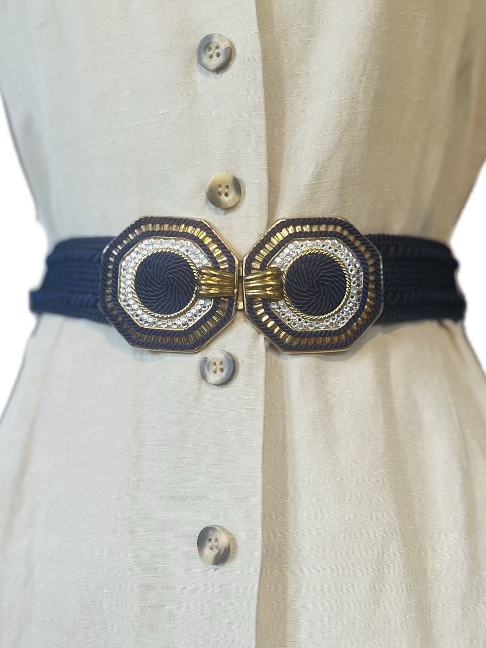 Vintage Navy Nautical Belt with Double Statement Buckle, Resortwear